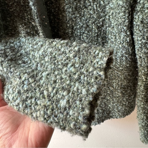 TALBOTS wool blend short cardigan snap-front, olive + aqua green boucle - Picture 5 of 9